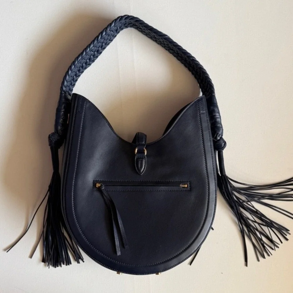 Altuzarra‎ Leather Bull Rope Ghianda Knot Tassel Navy Leather Hobo Bag, Navy